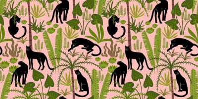 Tapete Vestor seamless pattern with panthers and tropical leaves.