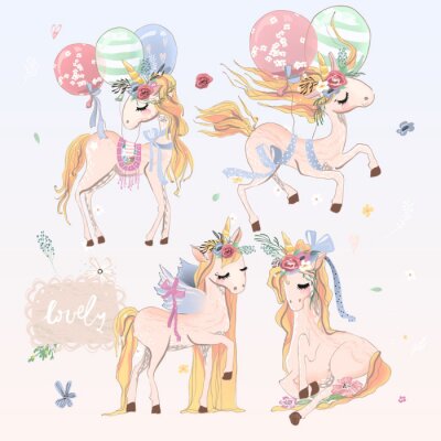 Vier Einhörner in verschiedenen Posen und Luftballons