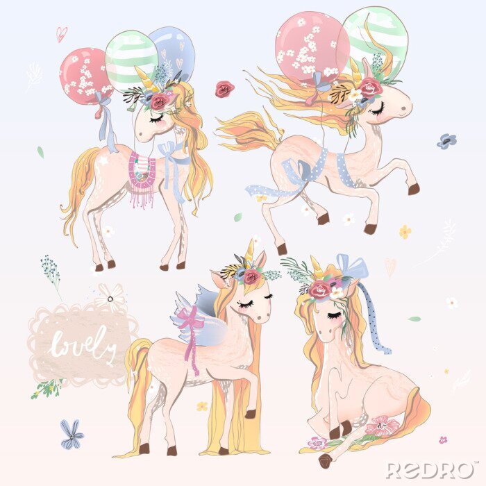Tapete Vier Einhörner in verschiedenen Posen und Luftballons