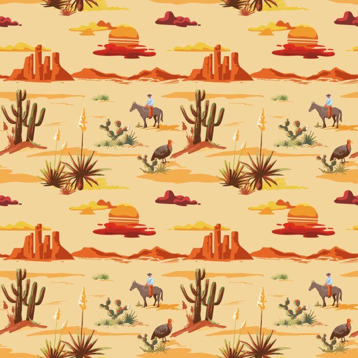 Tapete Vintage beautiful seamless desert illustration pattern. Landscape with cactus, mountains, cowboy on horse, sunset vector hand drawn style background