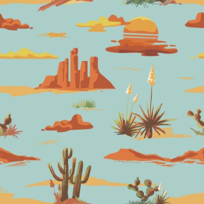 Tapete Vintage beautiful seamless desert illustration pattern. Landscape with cactus, mountains, sunset vector hand drawn style background