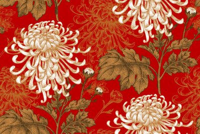 Tapete Vintage beige Chrysanthemen auf rotem Grund