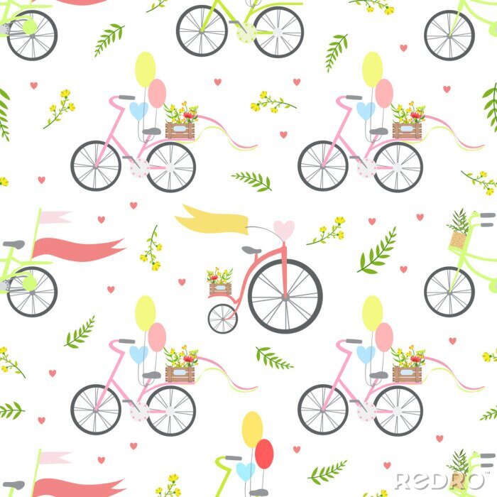 Tapete Vintage Bikes mit Blumen und Luftballons nahtlose Muster-Vektor-Illustration