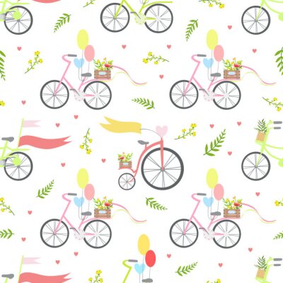Tapete Vintage Bikes mit Blumen und Luftballons nahtlose Muster-Vektor-Illustration