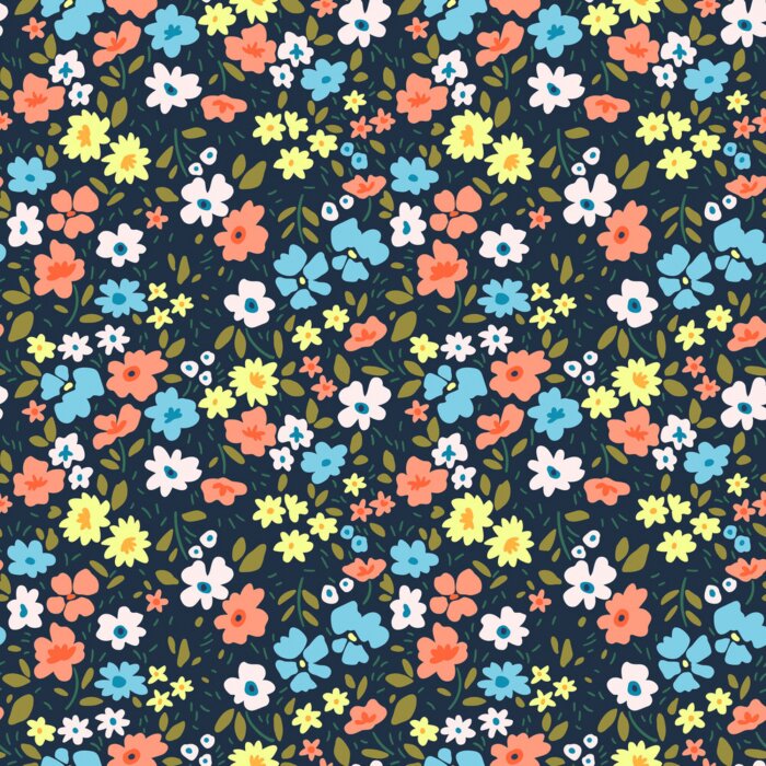 Tapete Vintage-Blumenmuster auf dunkelblauem Hintergrund