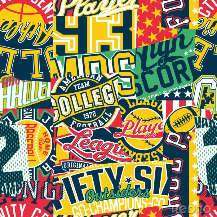 Tapete Vintage college sporting labels patchwork  abstract vector seamless pattern