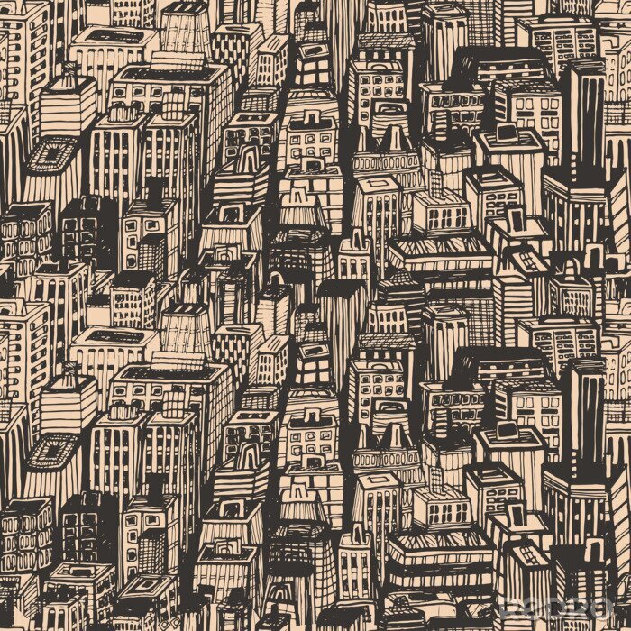 Tapete Vintage Design Zeitungsdruck Hand gezeichnet nahtlose Muster mit großen Stadt. Vektor-Illustration mit NYC-Architektur, Wolkenkratzer, Megapolis, Gebäude, Innenstadt.