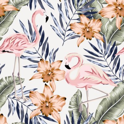 Tapete Vintage-Flamingos und Blumen