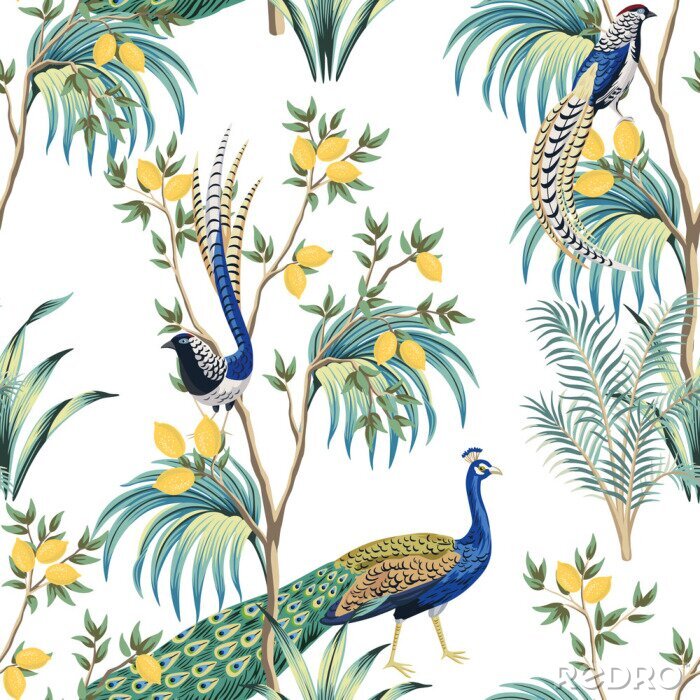 Tapete Vintage garden lemon fruit tree, plant, exotic peacock, exotic bird floral seamless pattern white background. Exotic chinoiserie wallpaper.