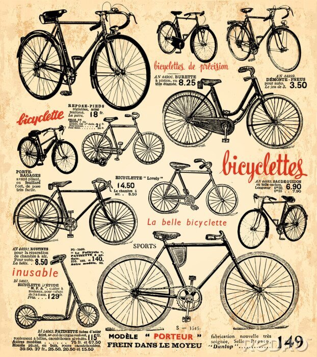 Tapete Vintage Grafik mit Fahrrädern