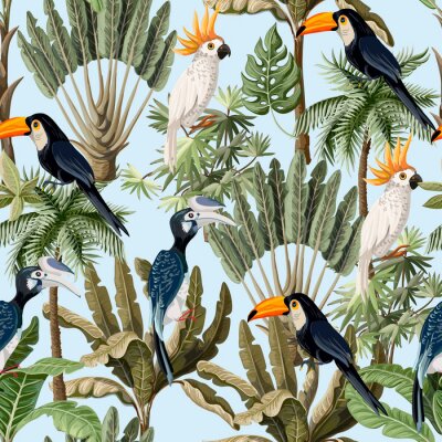 Tapete Vintage-Motiv mit exotischen Papageien und Blättern