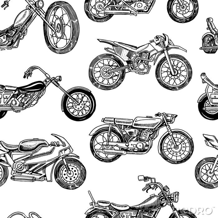 Tapete Vintage Motorräder Nahtloses Muster. Fahrrad Hintergrund. Extremer Biker Transport. Retro alter Stil. Hand gezeichnete gravierte monochrome Skizze