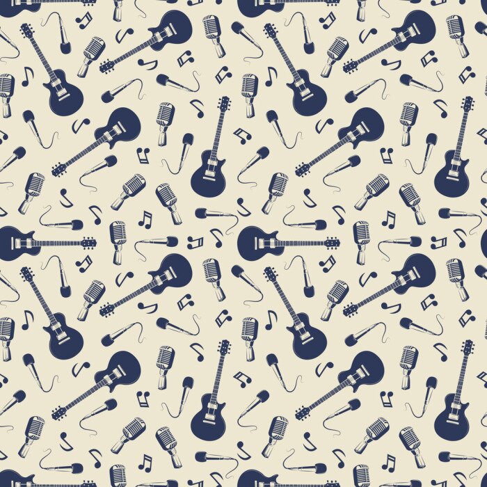 Tapete Vintage musikalische nahtlose Muster mit Gitarren, Mikrofone