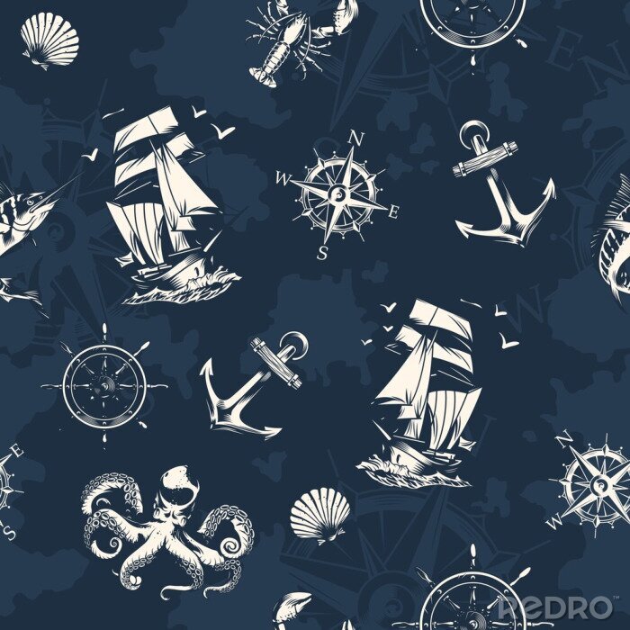 Tapete Vintage sea and nautical seamless pattern