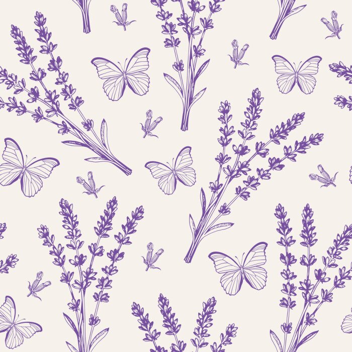 Tapete Vintage seamless pattern with lavender flowers and butterflies.