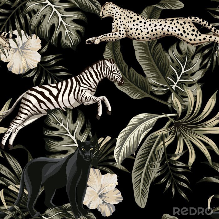 Tapete Vintage tropical floral leaves , hibiscus flower, black panther, zebra, cheetah running wildlife animal floral seamless pattern black background. Exotic safari night wallpaper.