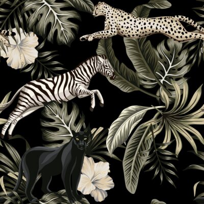 Tapete Vintage tropical floral leaves , hibiscus flower, black panther, zebra, cheetah running wildlife animal floral seamless pattern black background. Exotic safari night wallpaper.