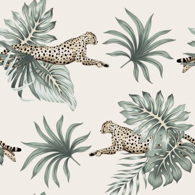 Tapete Vintage tropical palm leaves, cheetah running wildlife animal floral seamless pattern ivory background. Exotic jungle wallpaper.