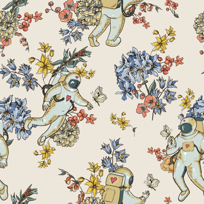 Tapete Vintage vector astronaut seamless pattern with flowers. Science fiction background, Hand drawn floral space,