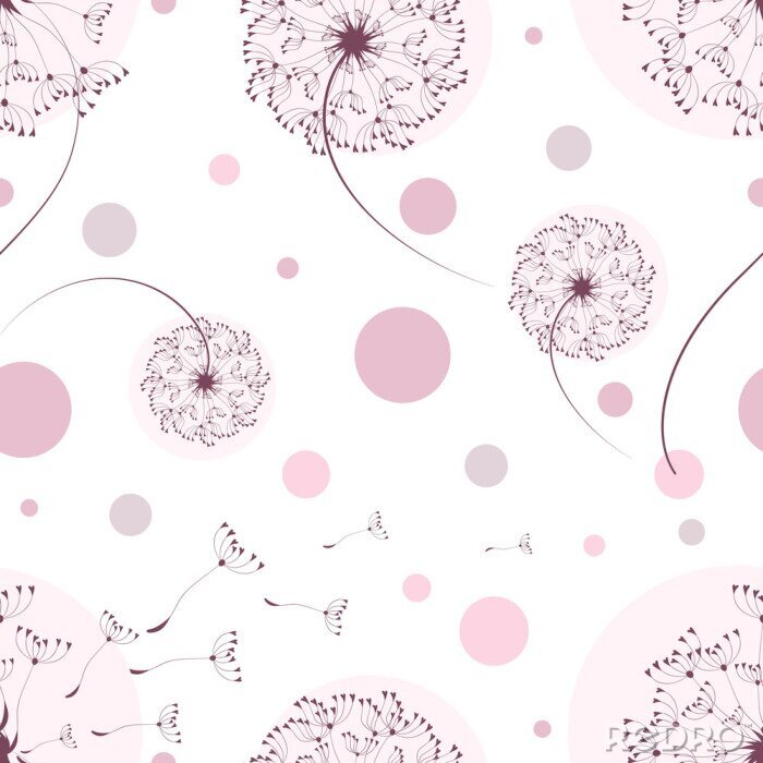 Tapete Violette Pusteblumen und rosa Punkte Grafik