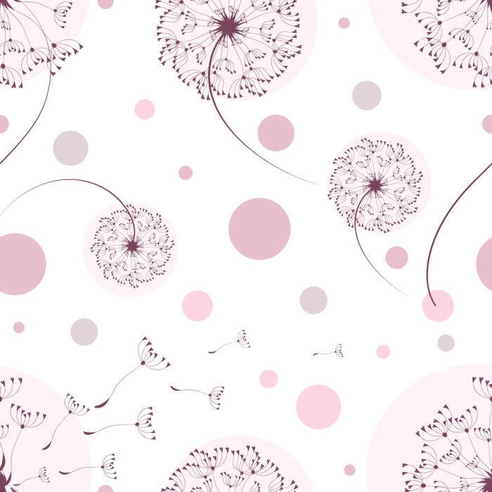 Tapete Violette Pusteblumen und rosa Punkte Grafik