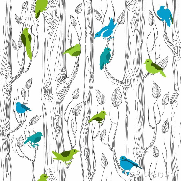 Tapete Vögel auf Cartoon Bäumen
