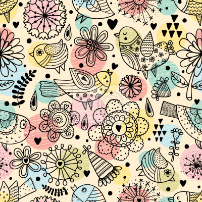 Tapete Vögel Blumen und Polka Dot