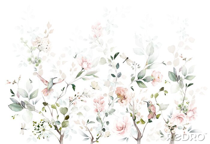 Tapete Vögel inmitten von Aquarell-Zweigen auf weißem Hintergrund