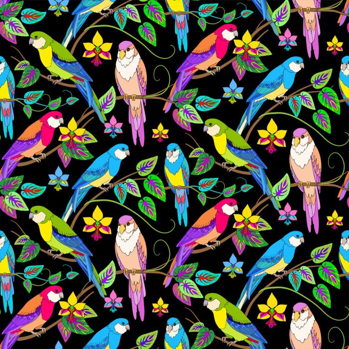 Tapete Vögel und Blätter auf dunklem Hintergrund