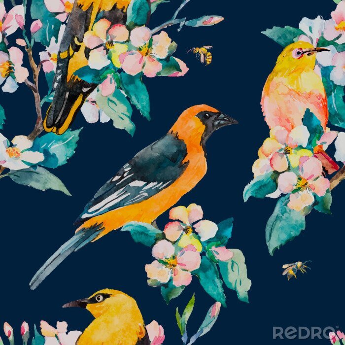 Tapete Vögel und Blumen auf marineblauem Hintergrund