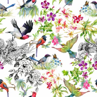 Vögel und Blumen in verschiedenen Farbtönen
