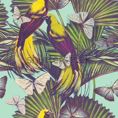 Tapete Vögel und Schmetterlinge zwischen den Blättern