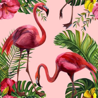 Tapete Vögeln Flamingos und exotischen Blumen
