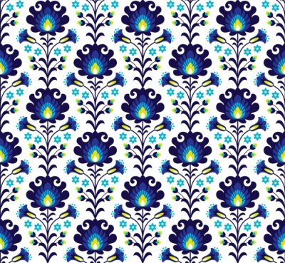 Tapete Volksmuster mit blauen Blumen