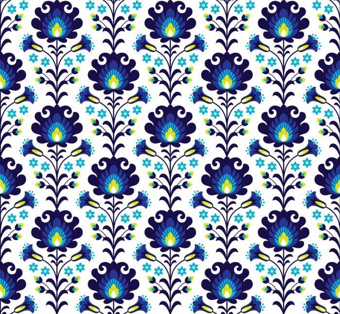 Tapete Volksmuster mit blauen Blumen