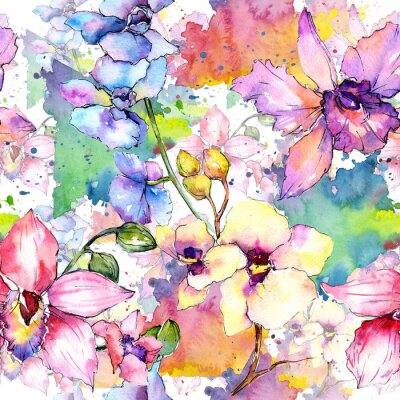 Tapete Voller Name der Pflanze: bunte Orchidee. Aquarell wilde Blume für Hintergrund, Textur, Wrapper Muster, Rahmen oder Grenze.