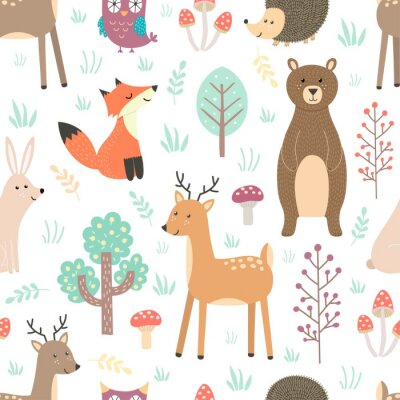 Tapete Waldtiere auf weißem Hintergrund