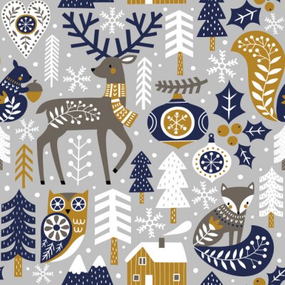 Tapete Waldtiere und Pflanzen auf grauem Hintergrund