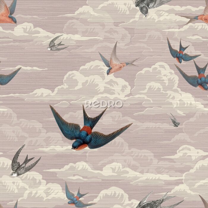Tapete Wallpaper pattern Vintage Sentuno birds fly in the clouds pink sky