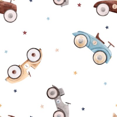 Tapete Watercolor baby car vector pattern