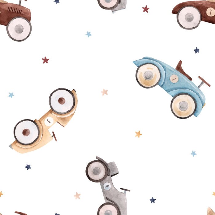 Tapete Watercolor baby car vector pattern