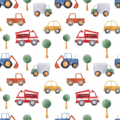 Tapete Watercolor baby car vehicle vector pattern
