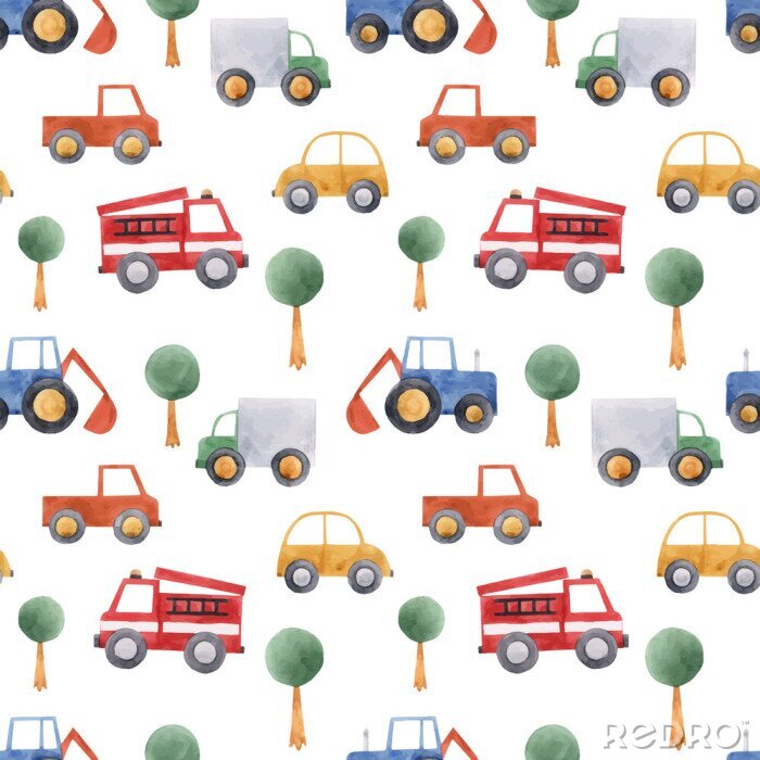 Tapete Watercolor baby car vehicle vector pattern