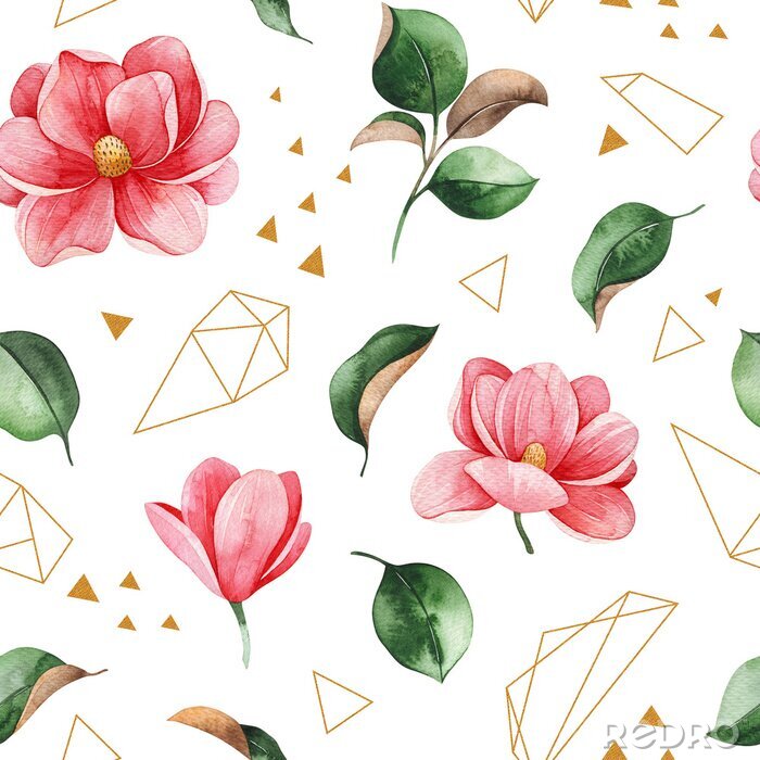 Tapete Watercolor beautiful seamless  background. Magnolia flowers and leaves. Hand painted illustration. Perfect for print, packaging, wallpapers, textile and much more