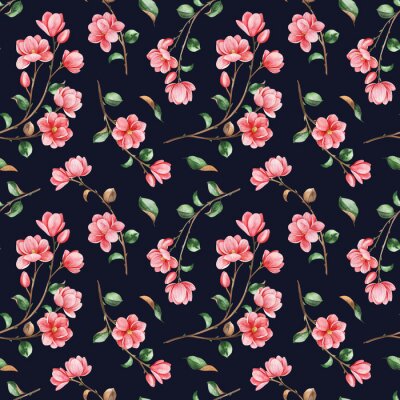 Tapete Watercolor beautiful seamless  background. Magnolia flowers and leaves on dark texture. Hand painted illustration. Perfect for print, packaging, wallpapers, textile and much more