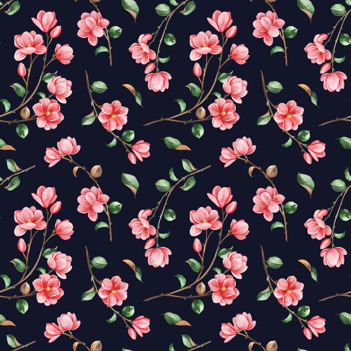 Tapete Watercolor beautiful seamless  background. Magnolia flowers and leaves on dark texture. Hand painted illustration. Perfect for print, packaging, wallpapers, textile and much more