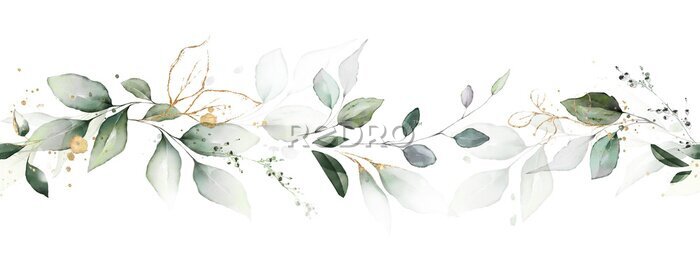Tapete watercolor botanic, Leaf and buds. Seamless herbal composition for wedding or greeting card. Spring Border with leaves eucalyptus