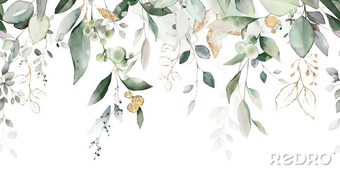 Tapete Watercolor botanic, Leaf and buds. Seamless herbal composition for wedding or greeting card. Spring Border with leaves eucalyptus
