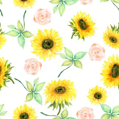 Tapete Watercolor botanical sunflower wild garden  foliage leaves Floral background for textiles Liberty sweet style fabric, covers, manufacturing, wallpapers, print, gift wrap