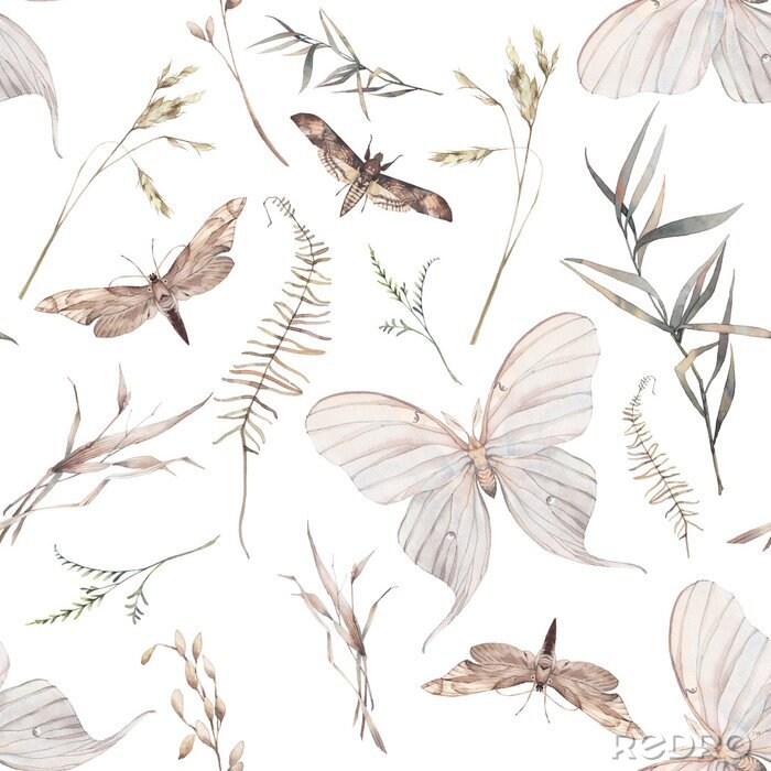 Tapete Watercolor butterfly and summer field herbs seamless pattern. Hand painted texture with botanical elements: plants, grass, berries, fern, leaves. Natural repeating background